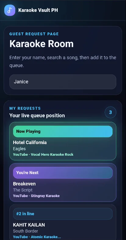 Karaoke Vault PH guest request page on a phone