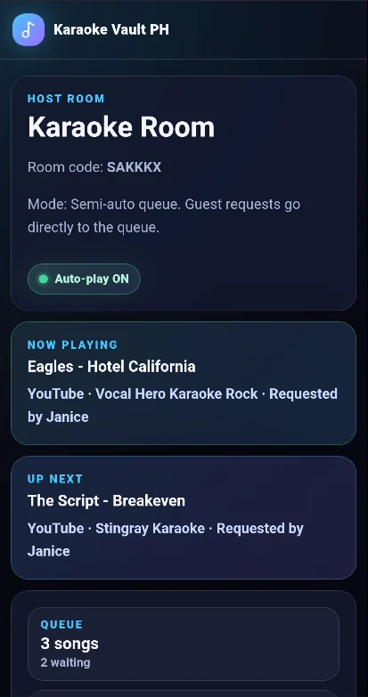 Host room page showing now playing and queue count