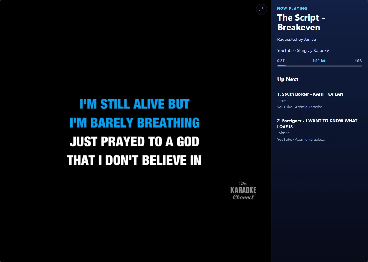 Karaoke Vault PH player page showing karaoke lyrics and the up next queue