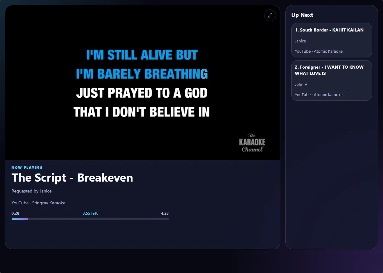 Karaoke Vault PH playback screen showing karaoke lyrics, now playing details, and up next queue