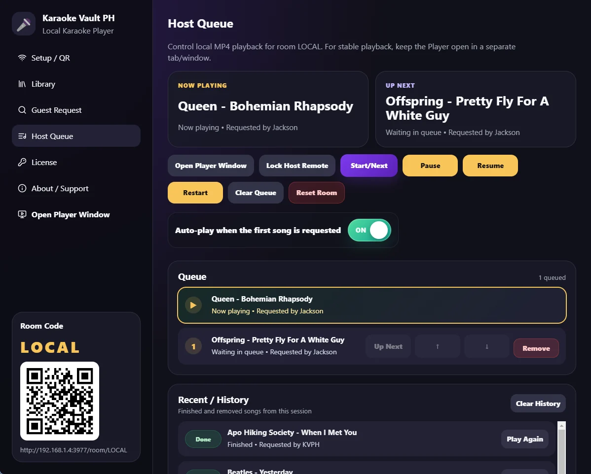 Karaoke Vault PH Local host queue page with now playing, up next, and recent history