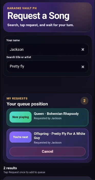 Guest phone request page showing now playing and queue position