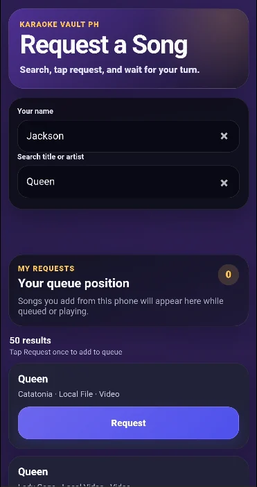 Mobile guest request page searching the local song library