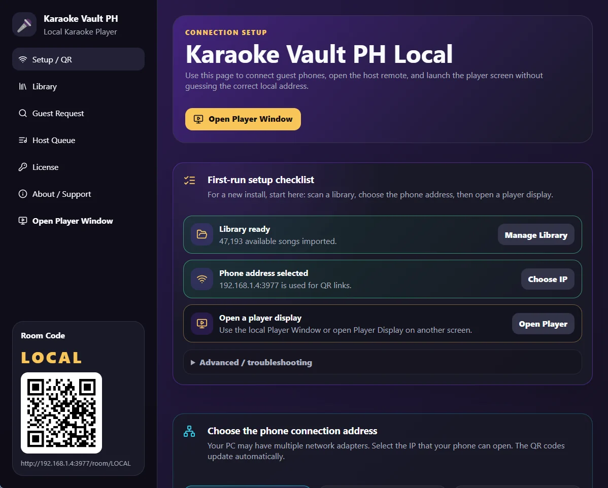 Karaoke Vault PH Local connection setup screen with room QR code and first-run checklist